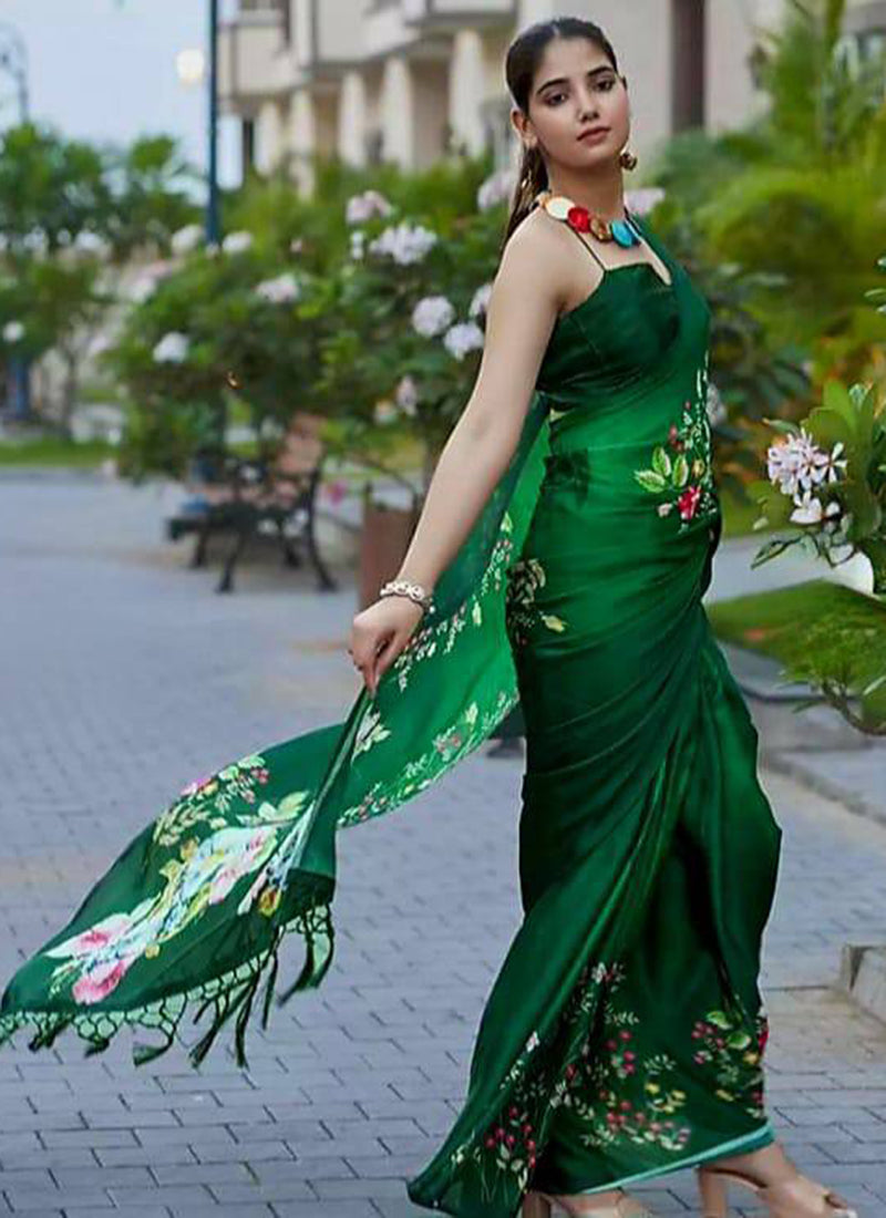 Green Original Japan Devsena satin Saree Japan Satin Digital Print Blouse