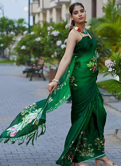 Green Original Japan Devsena satin Saree Japan Satin Digital Print Blouse