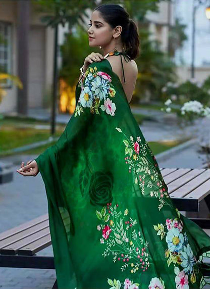 Green Original Japan Devsena satin Saree Japan Satin Digital Print Blouse