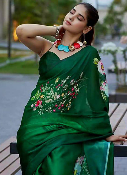 Green Original Japan Devsena satin Saree Japan Satin Digital Print Blouse