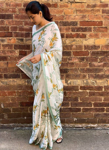 White Original Japan Devsena satin Saree Japan Satin Digital Print Blouse