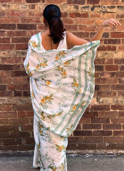 White Original Japan Devsena satin Saree Japan Satin Digital Print Blouse