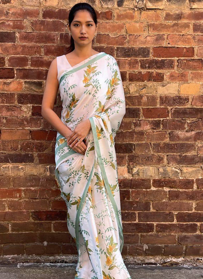 White Original Japan Devsena satin Saree Japan Satin Digital Print Blouse