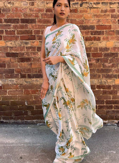 White Original Japan Devsena satin Saree Japan Satin Digital Print Blouse