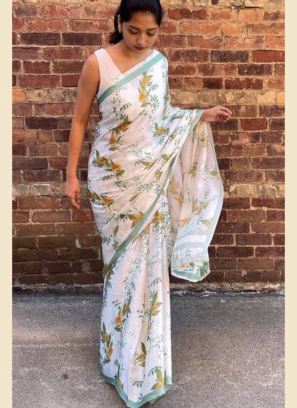 White Original Japan Devsena satin Saree Japan Satin Digital Print Blouse