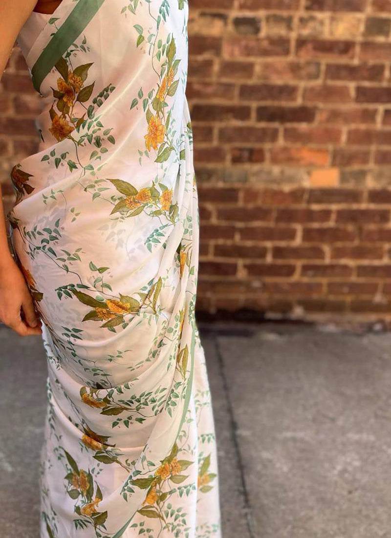 White Original Japan Devsena satin Saree Japan Satin Digital Print Blouse