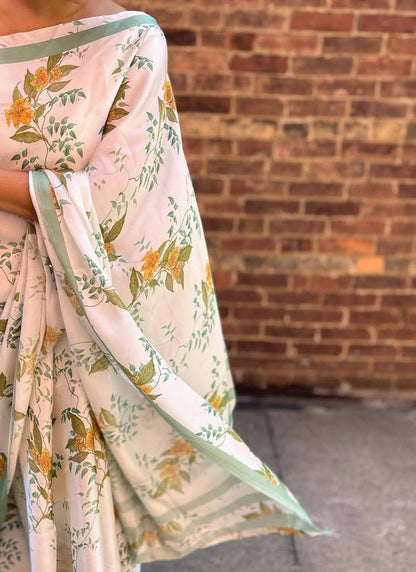 White Original Japan Devsena satin Saree Japan Satin Digital Print Blouse