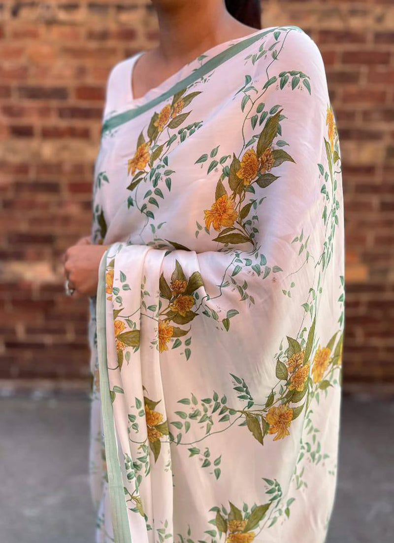 White Original Japan Devsena satin Saree Japan Satin Digital Print Blouse