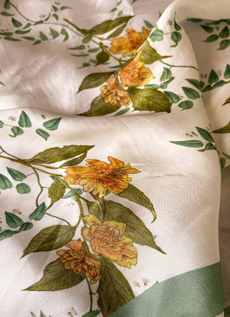 White Original Japan Devsena satin Saree Japan Satin Digital Print Blouse