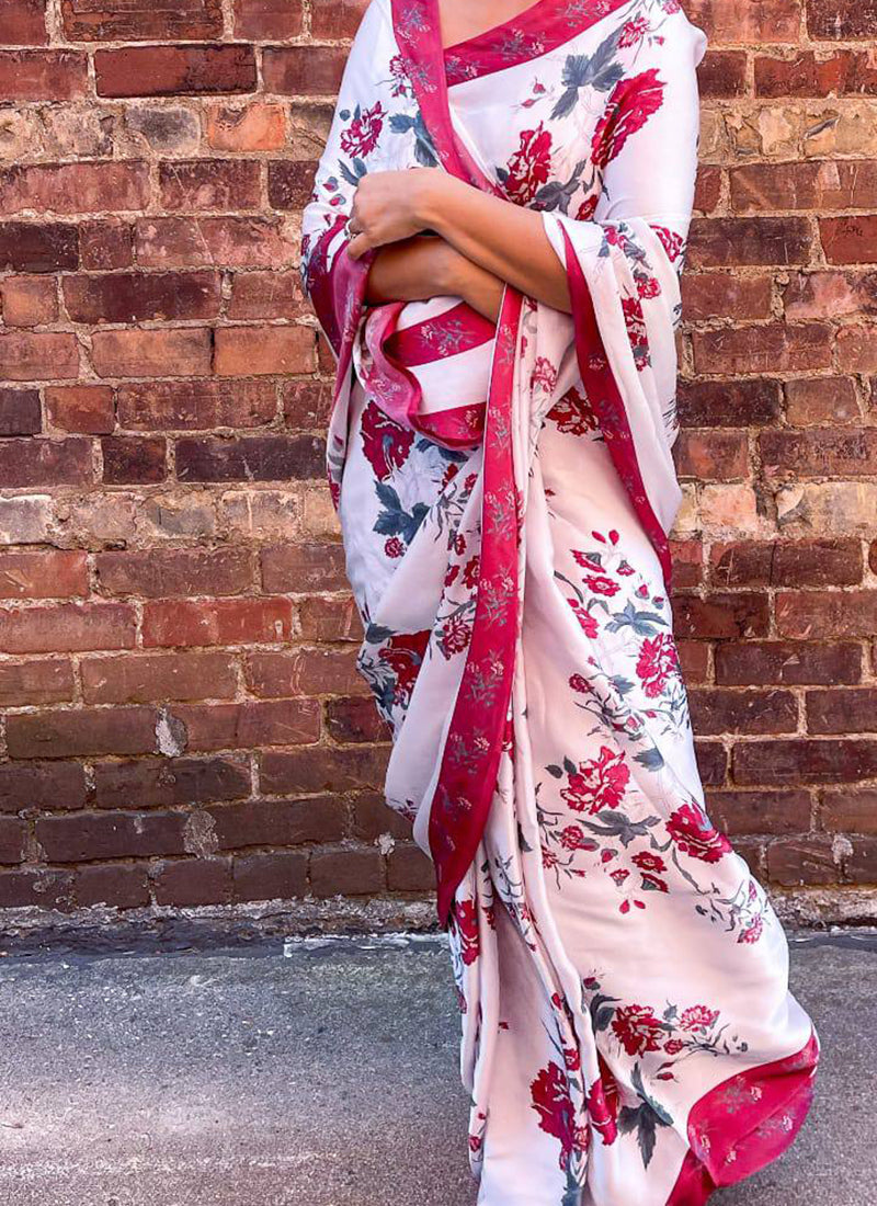 White Original Japan Devsena satin Saree Japan Satin Digital Print Blouse