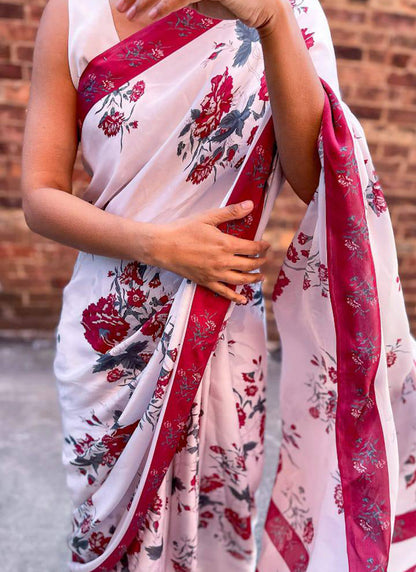 White Original Japan Devsena satin Saree Japan Satin Digital Print Blouse