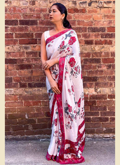 White Original Japan Devsena satin Saree Japan Satin Digital Print Blouse