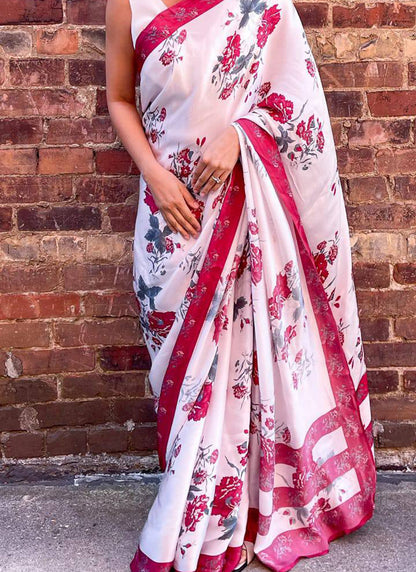 White Original Japan Devsena satin Saree Japan Satin Digital Print Blouse