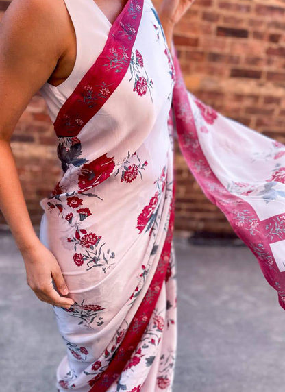 White Original Japan Devsena satin Saree Japan Satin Digital Print Blouse