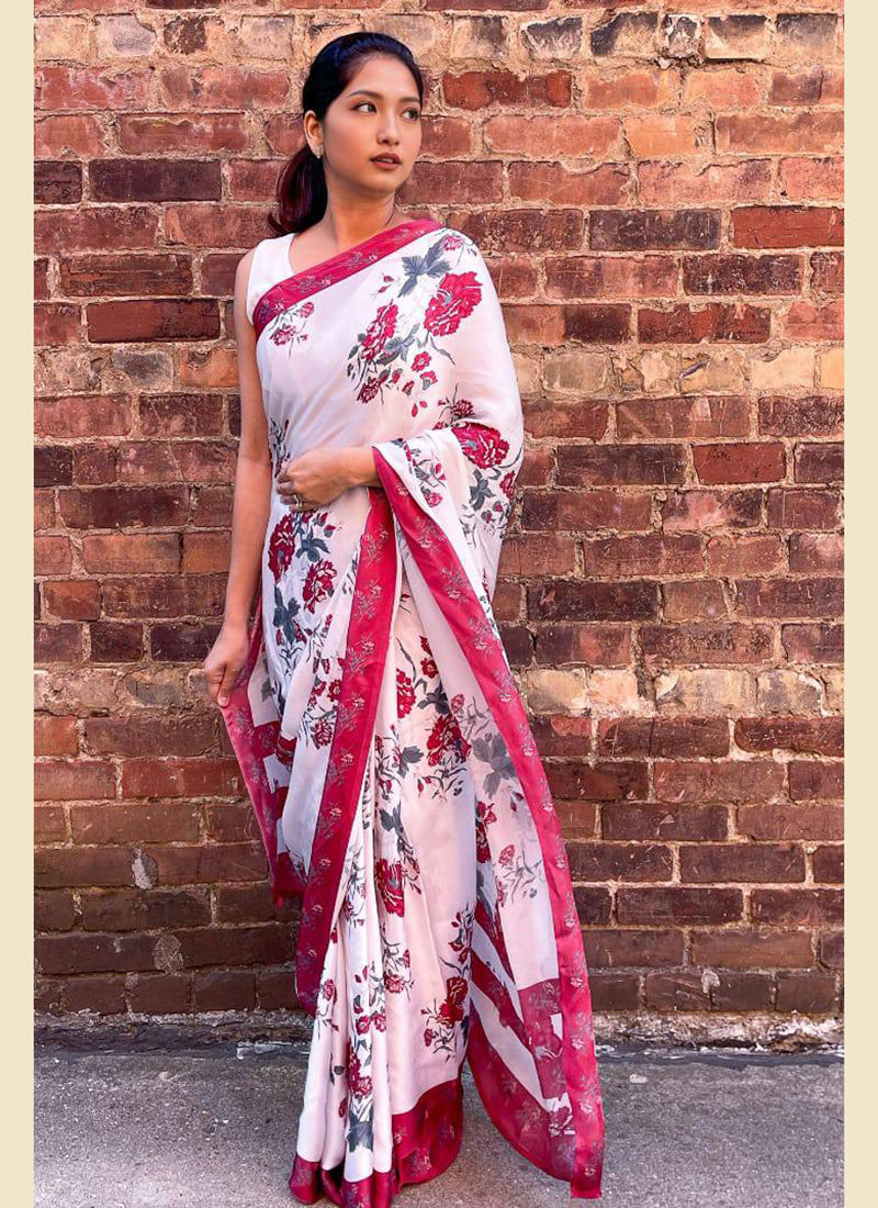 White Original Japan Devsena satin Saree Japan Satin Digital Print Blouse