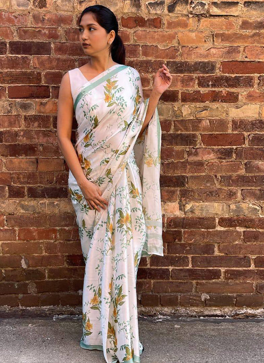 White Original Japan Devsena satin Saree Japan Satin Digital Print Blouse