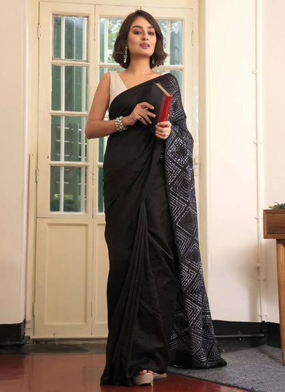 Black Original Japan Devsena satin Saree Japan Satin Digital Print Blouse