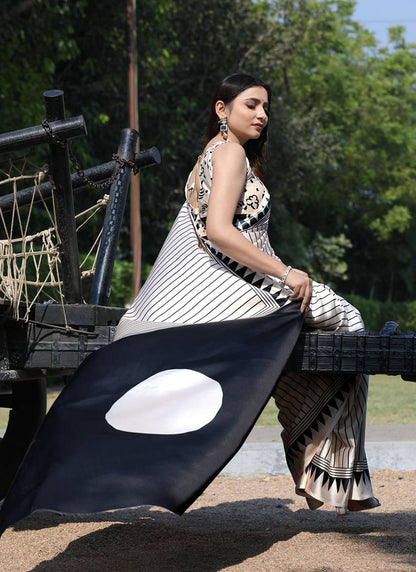 White Original Japan Devsena satin Saree Japan Satin Digital Print Blouse