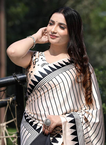 White Original Japan Devsena satin Saree Japan Satin Digital Print Blouse