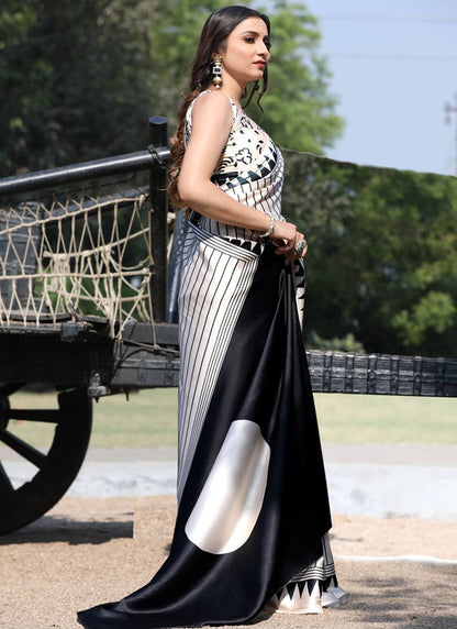 White Original Japan Devsena satin Saree Japan Satin Digital Print Blouse