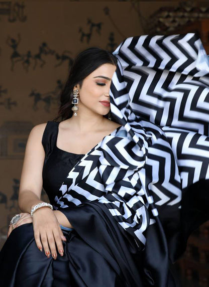 Black Original Japan Devsena satin Saree Japan Satin Digital Print Blouse