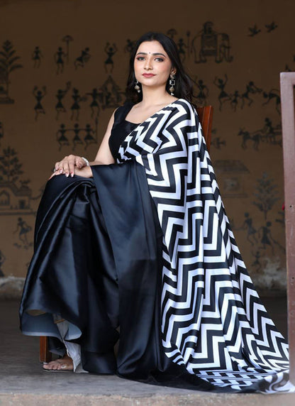 Black Original Japan Devsena satin Saree Japan Satin Digital Print Blouse