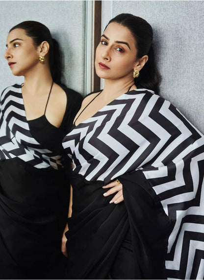 Black Original Japan Devsena satin Saree Japan Satin Digital Print Blouse