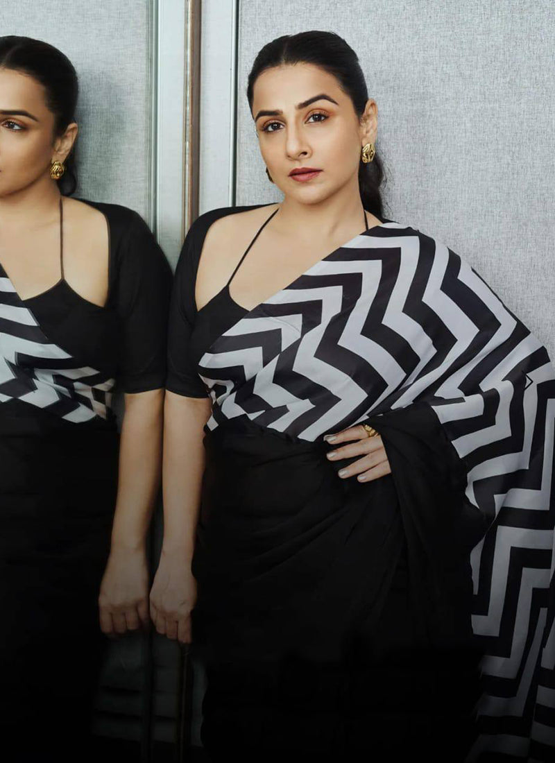 Black Original Japan Devsena satin Saree Japan Satin Digital Print Blouse