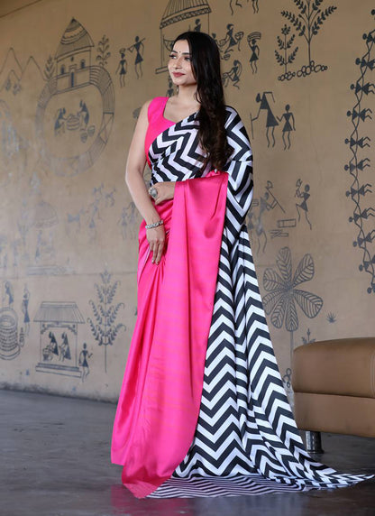 Pink Original Japan Devsena satin Saree Japan Satin Digital Print Blouse