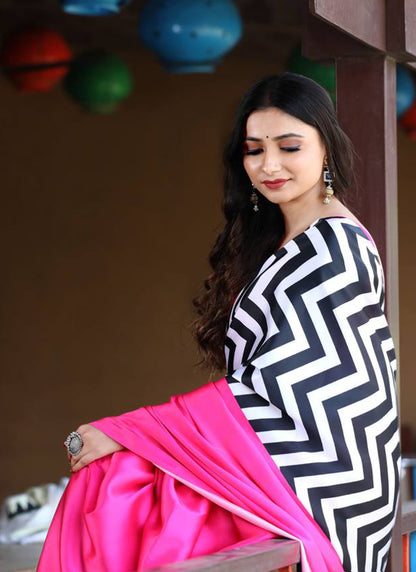 Pink Original Japan Devsena satin Saree Japan Satin Digital Print Blouse