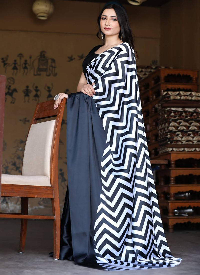 Black Original Japan Devsena satin Saree Japan Satin Digital Print Blouse