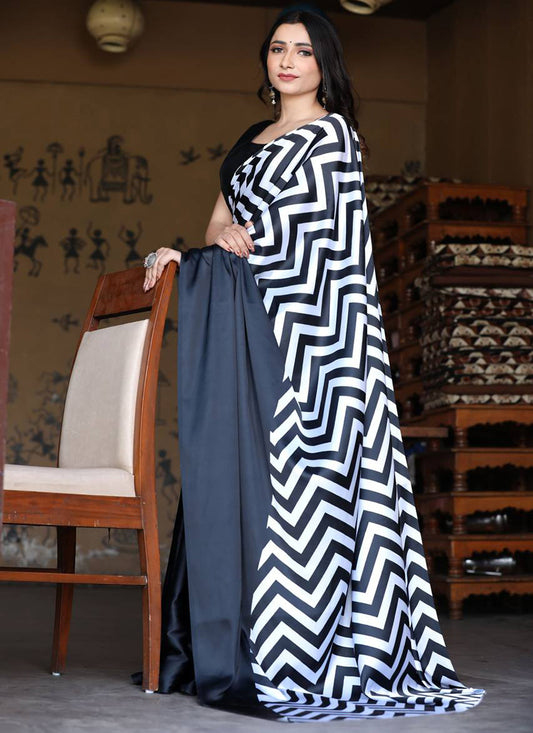 Black Original Japan Devsena satin Saree Japan Satin Digital Print Blouse