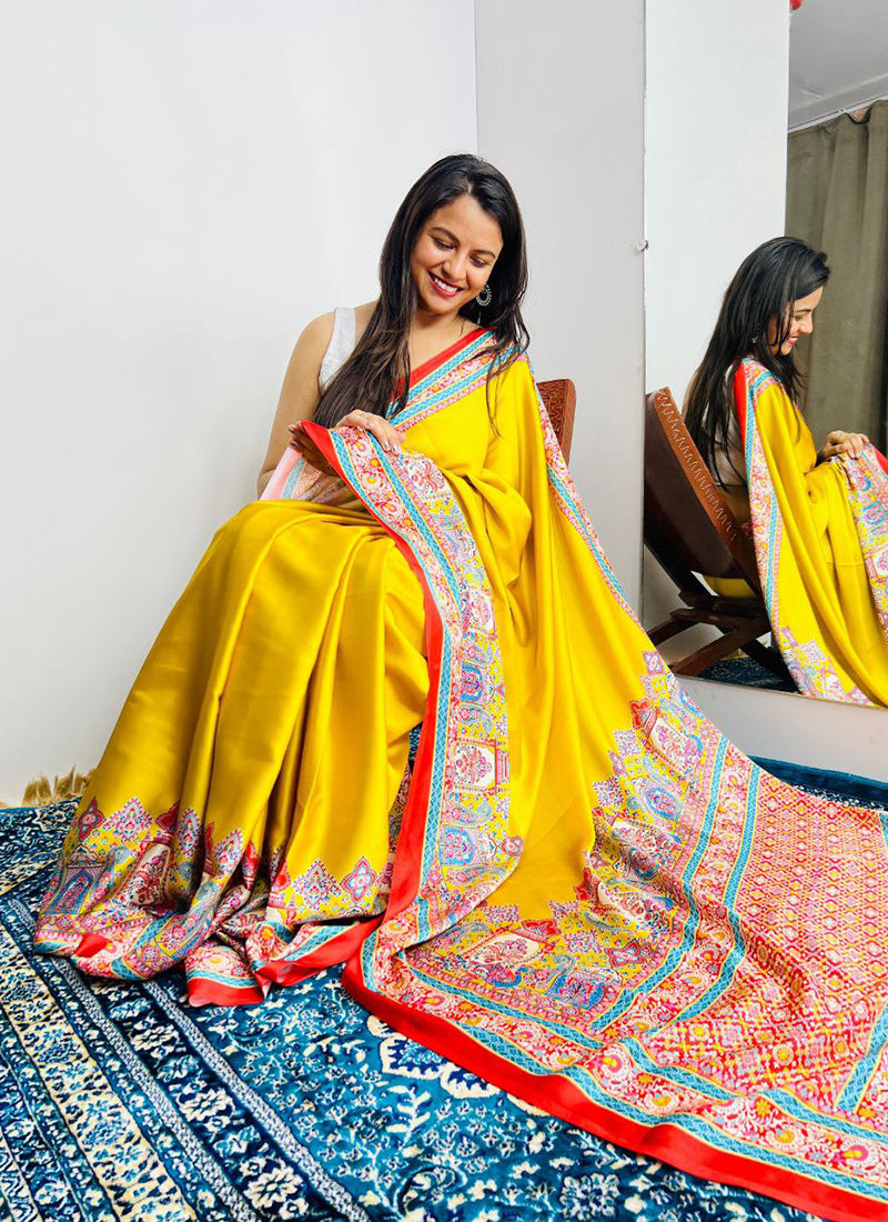 Yellow Original Japan Devsena satin Saree Japan Satin Digital Print Blouse