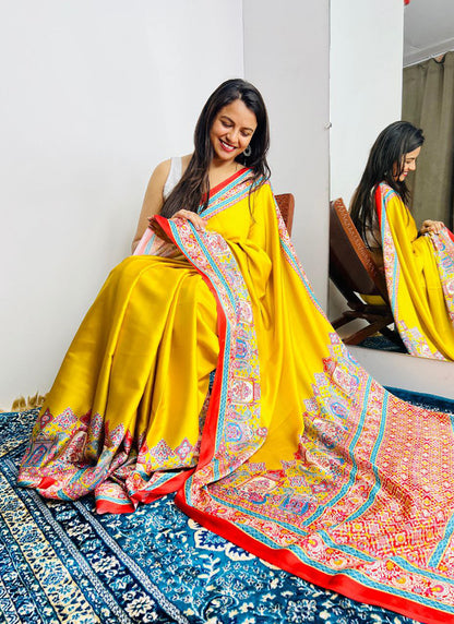 Yellow Original Japan Devsena satin Saree Japan Satin Digital Print Blouse