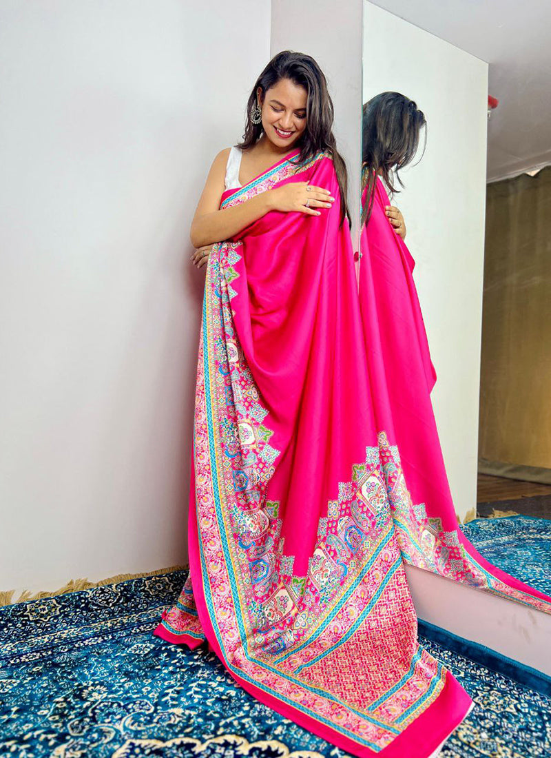 Magenta Original Japan Devsena satin Saree Japan Satin Digital Print Blouse