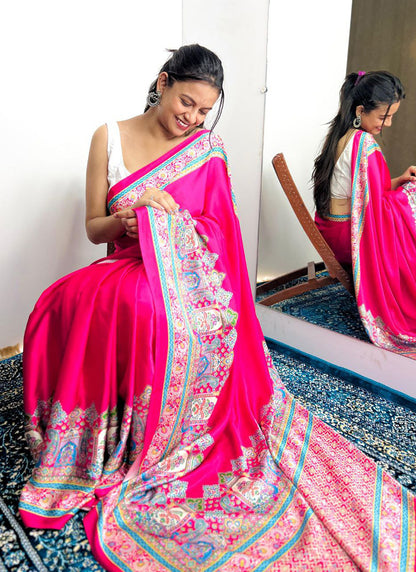 Magenta Original Japan Devsena satin Saree Japan Satin Digital Print Blouse