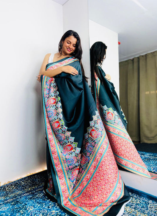 Black Original Japan Devsena satin Saree Japan Satin Digital Print Blouse