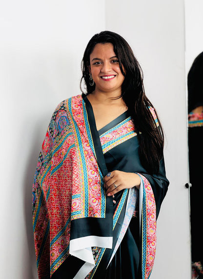 Black Original Japan Devsena satin Saree Japan Satin Digital Print Blouse