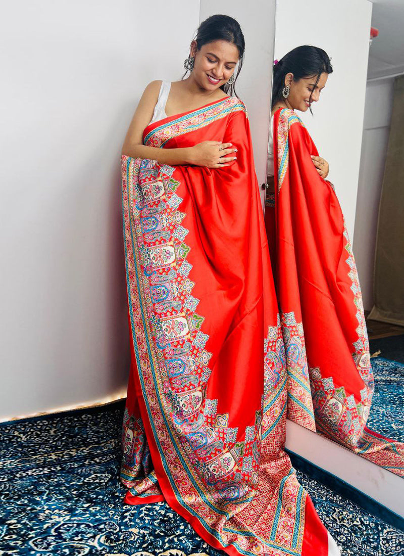Red Original Japan Devsena satin Saree Japan Satin Digital Print Blouse