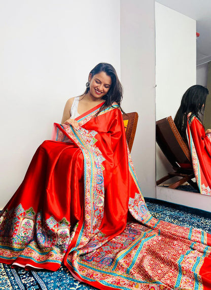Red Original Japan Devsena satin Saree Japan Satin Digital Print Blouse