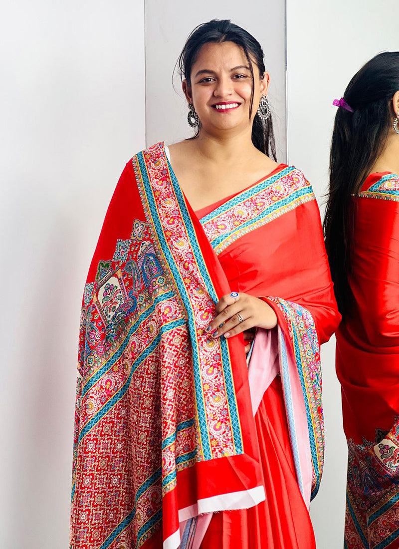 Red Original Japan Devsena satin Saree Japan Satin Digital Print Blouse