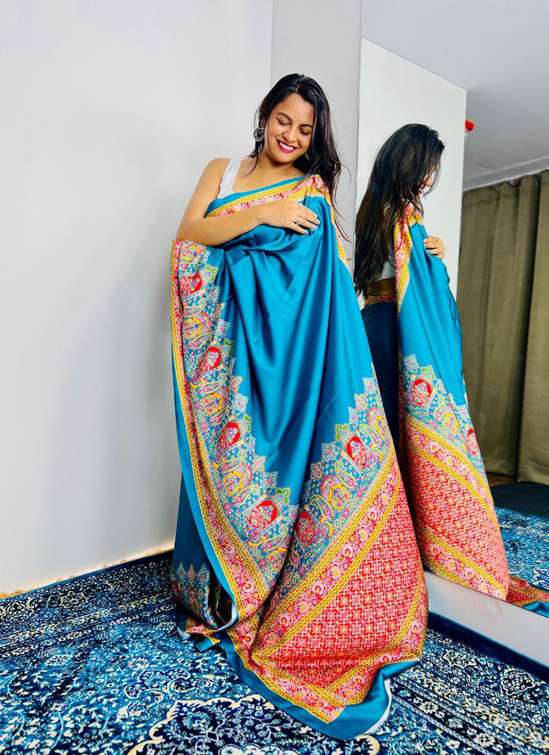 Aqua blue Original Japan Devsena satin Saree Japan Satin Digital Print Blouse