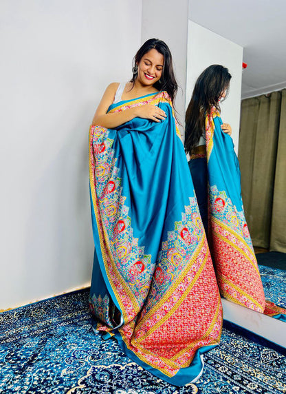 Aqua blue Original Japan Devsena satin Saree Japan Satin Digital Print Blouse