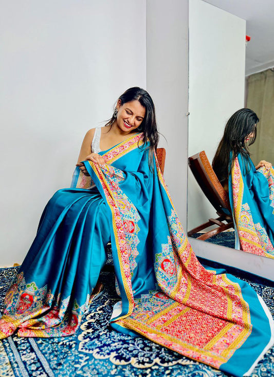 Aqua blue Original Japan Devsena satin Saree Japan Satin Digital Print Blouse