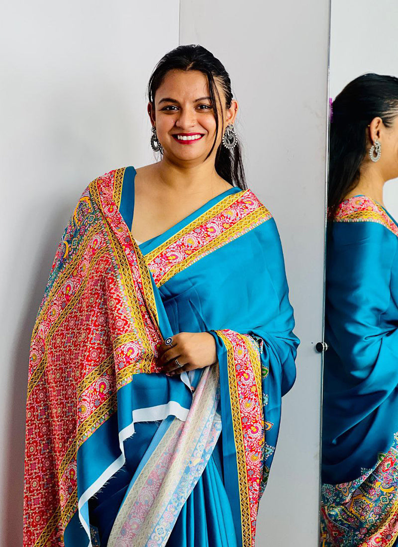 Aqua blue Original Japan Devsena satin Saree Japan Satin Digital Print Blouse