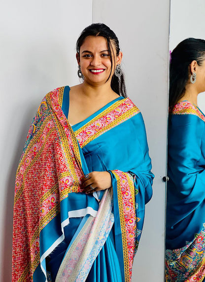 Aqua blue Original Japan Devsena satin Saree Japan Satin Digital Print Blouse