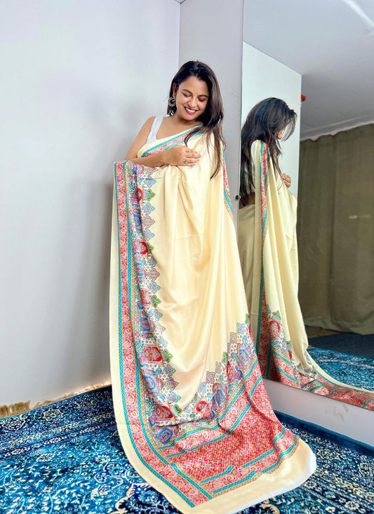 Off White Original Japan Devsena satin Saree Japan Satin Digital Print Blouse