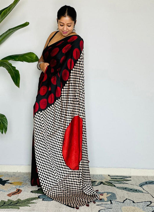 Black Original Japan Devsena satin Saree Japan Satin Digital Print Blouse