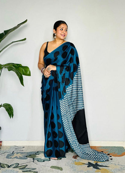 Aqua blue Original Japan Devsena satin Saree Japan Satin Digital Print Blouse