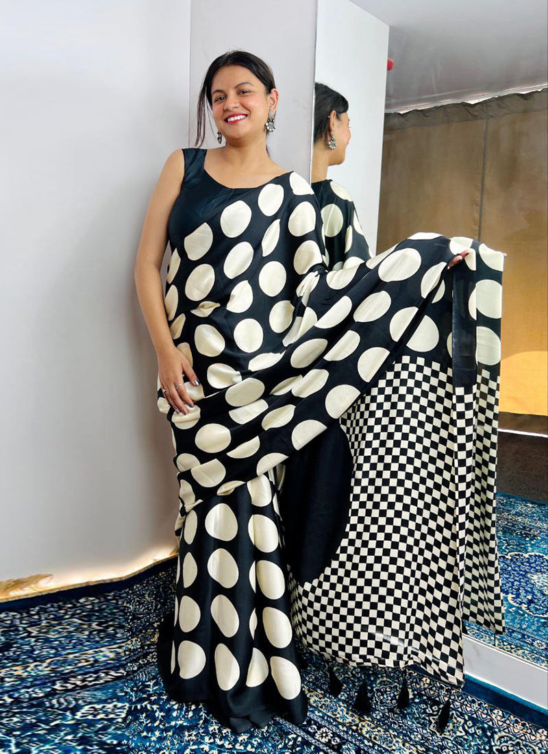 Black Original Japan Devsena satin Saree Japan Satin Digital Print Blouse